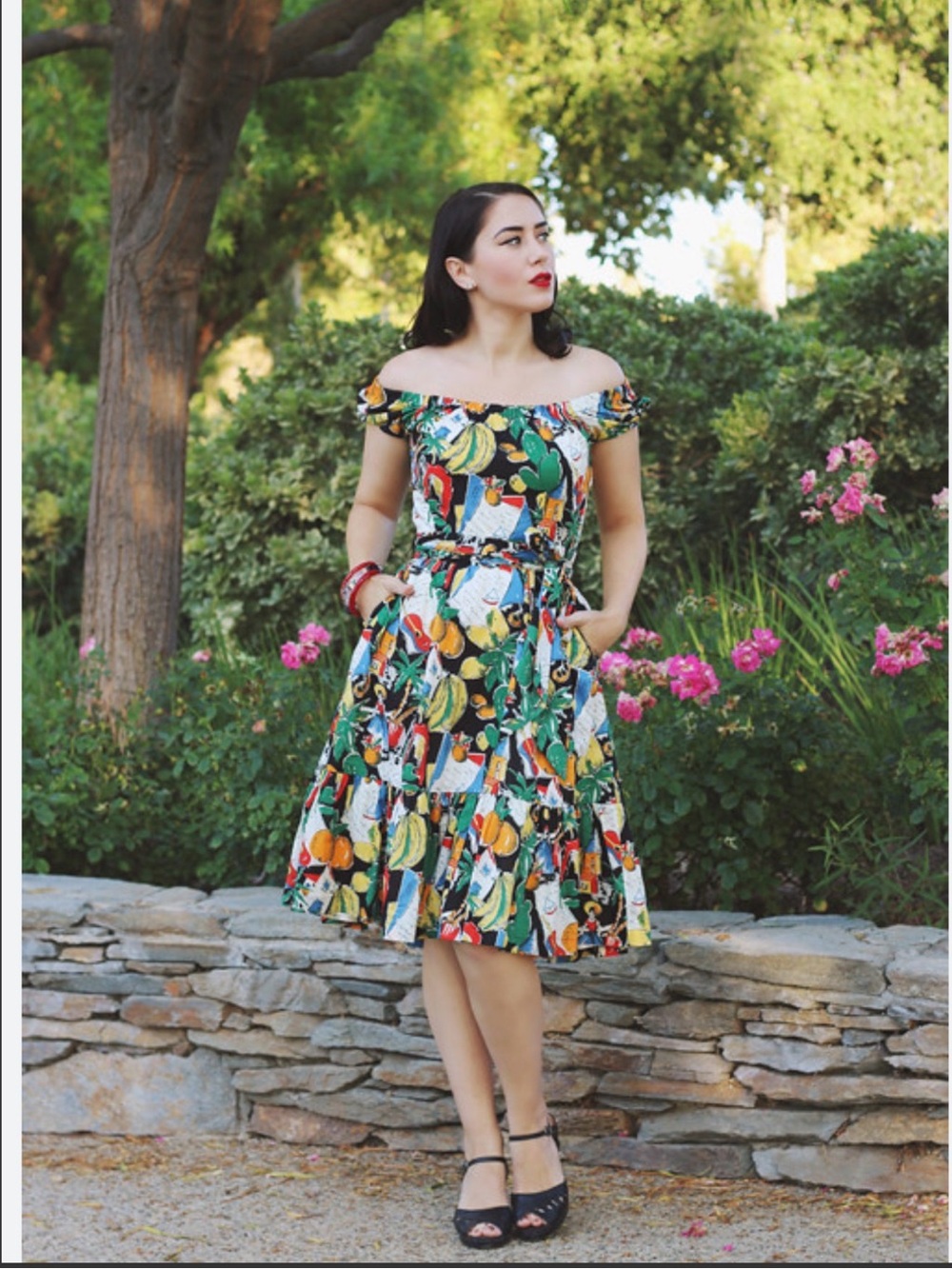J.Crew Off-The-Shoulder in Postcard
Print Fruit Belted Ruffle Hem
Dress - Picture 5 of 6